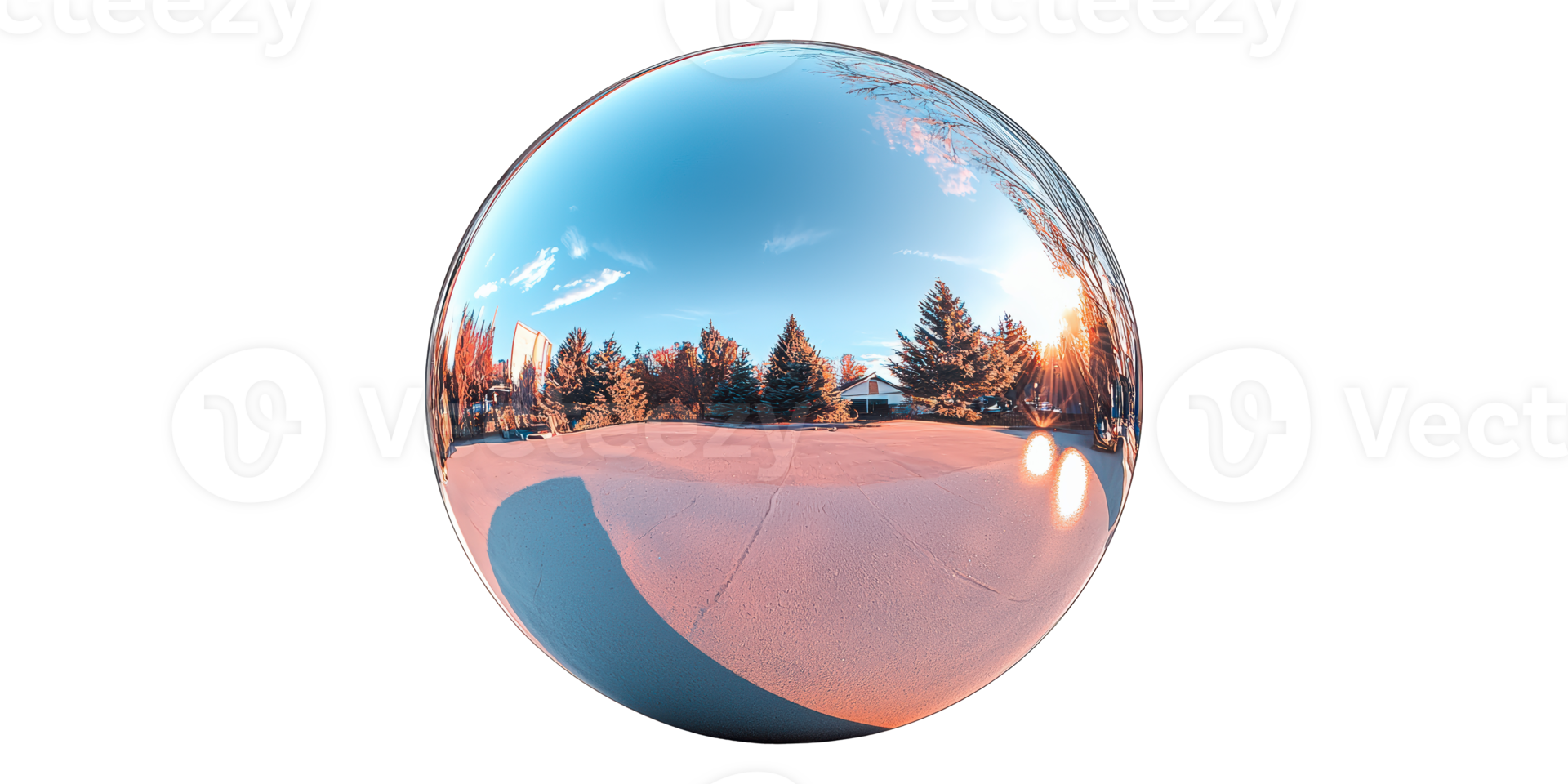 Reflective sphere showing snowy park scene isolated on transparent background png
