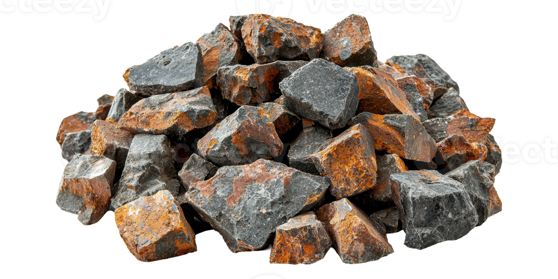 Pile of rough brown and black stones isolated on transparent background png