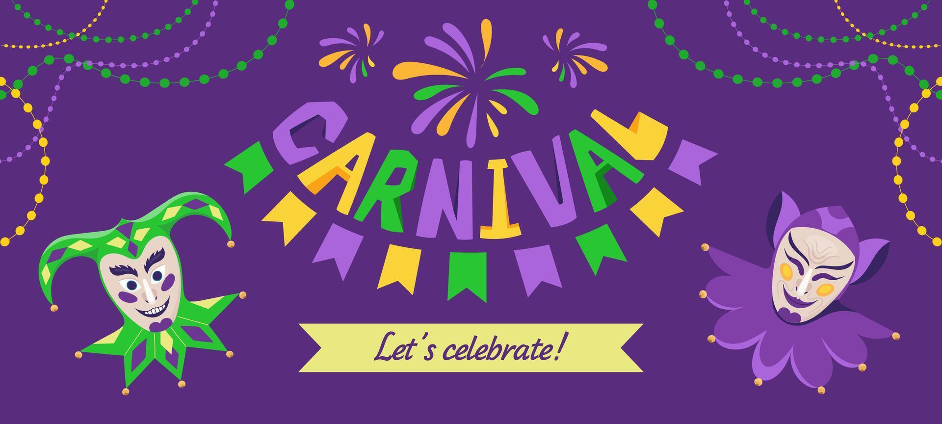 Festive carnival horizontal banner with hand drawn lettering and traditional jesters mask. Amazing templates that capture the spirit of holiday. Design for print, party invitation, event flyer vector