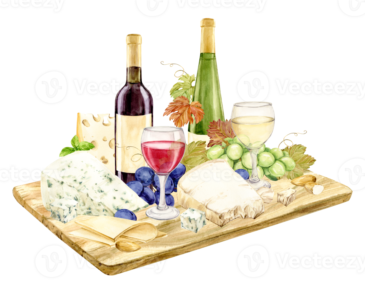 Red wine and snack served on a wooden board. Bottle, glass, green grapes, brie and cheddar cheese and figs. Composition for restaurant menu or wine list design. Clipart in rustic style. png