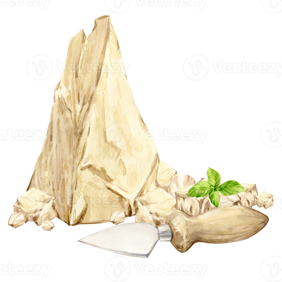 Watercolor triangle of parmesan cheese and cheese knife. Dairy product isolated on background. Hard cheese, ingredient of Italian and French cuisine. Illustration for farm product packaging png