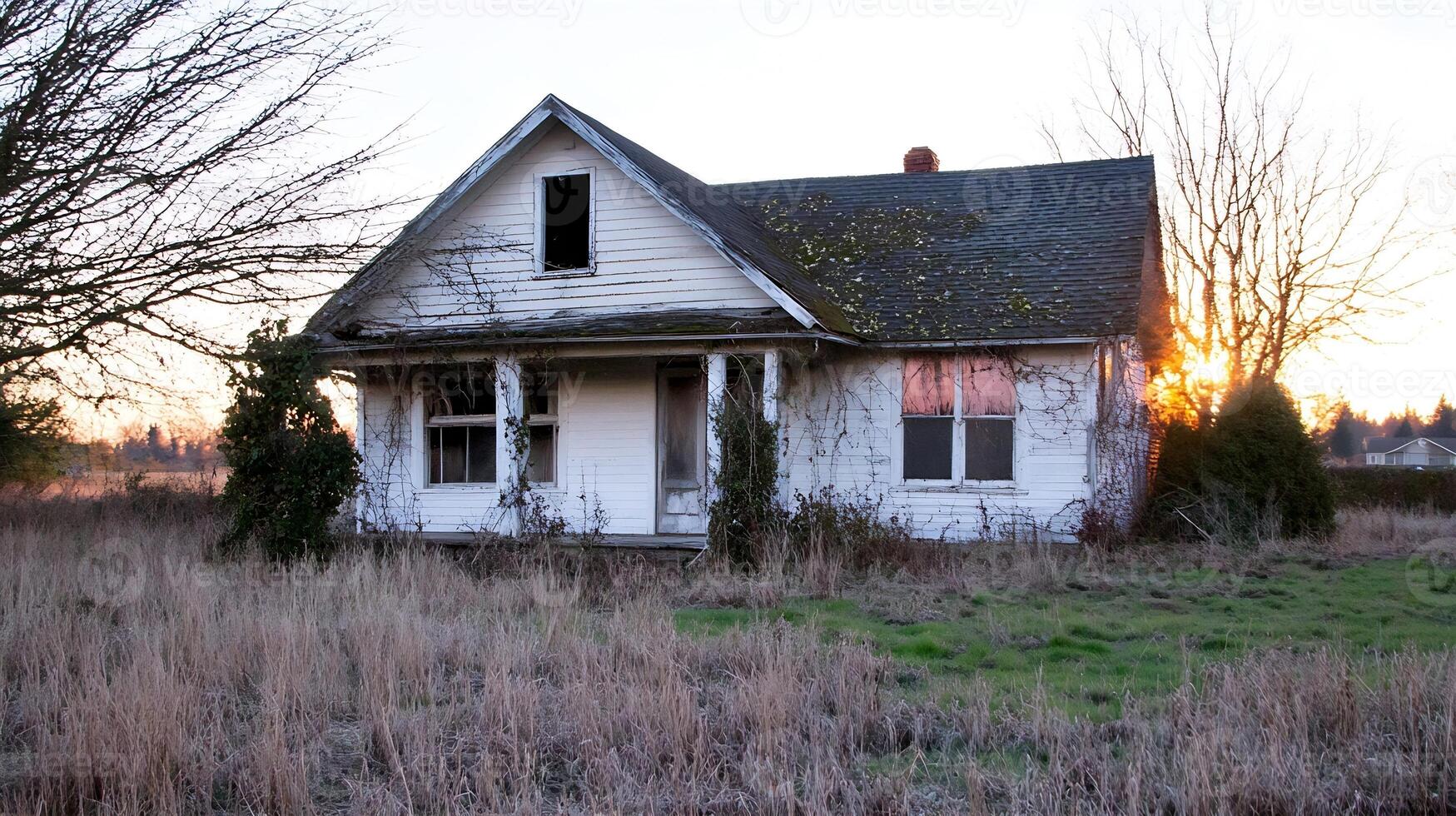 Overgrown and Weathered Abandoned House at Golden Hour Sunset photo
