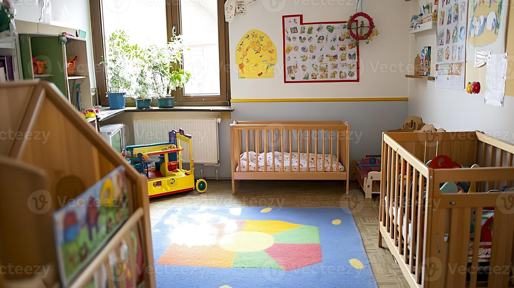 Cozy Nursery Room with Wooden Cribs and Vibrant Childrens Decor photo