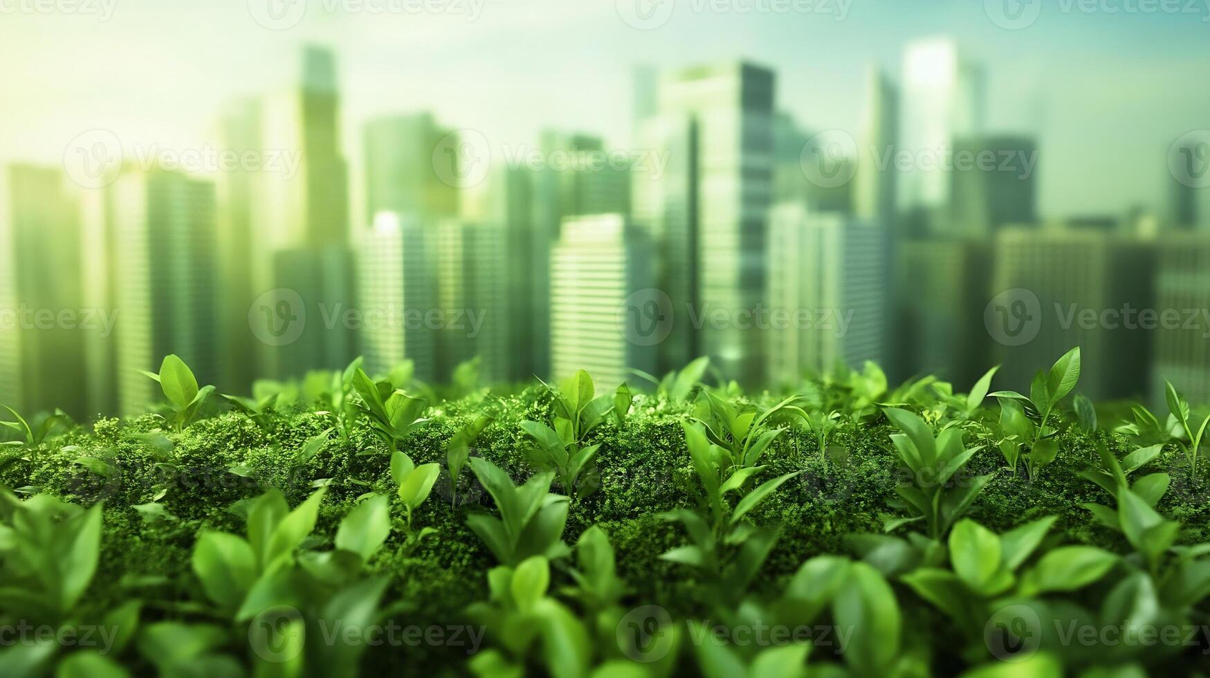 Modern Green Building Concept with Lush Rooftop Garden and Urban Skyline photo