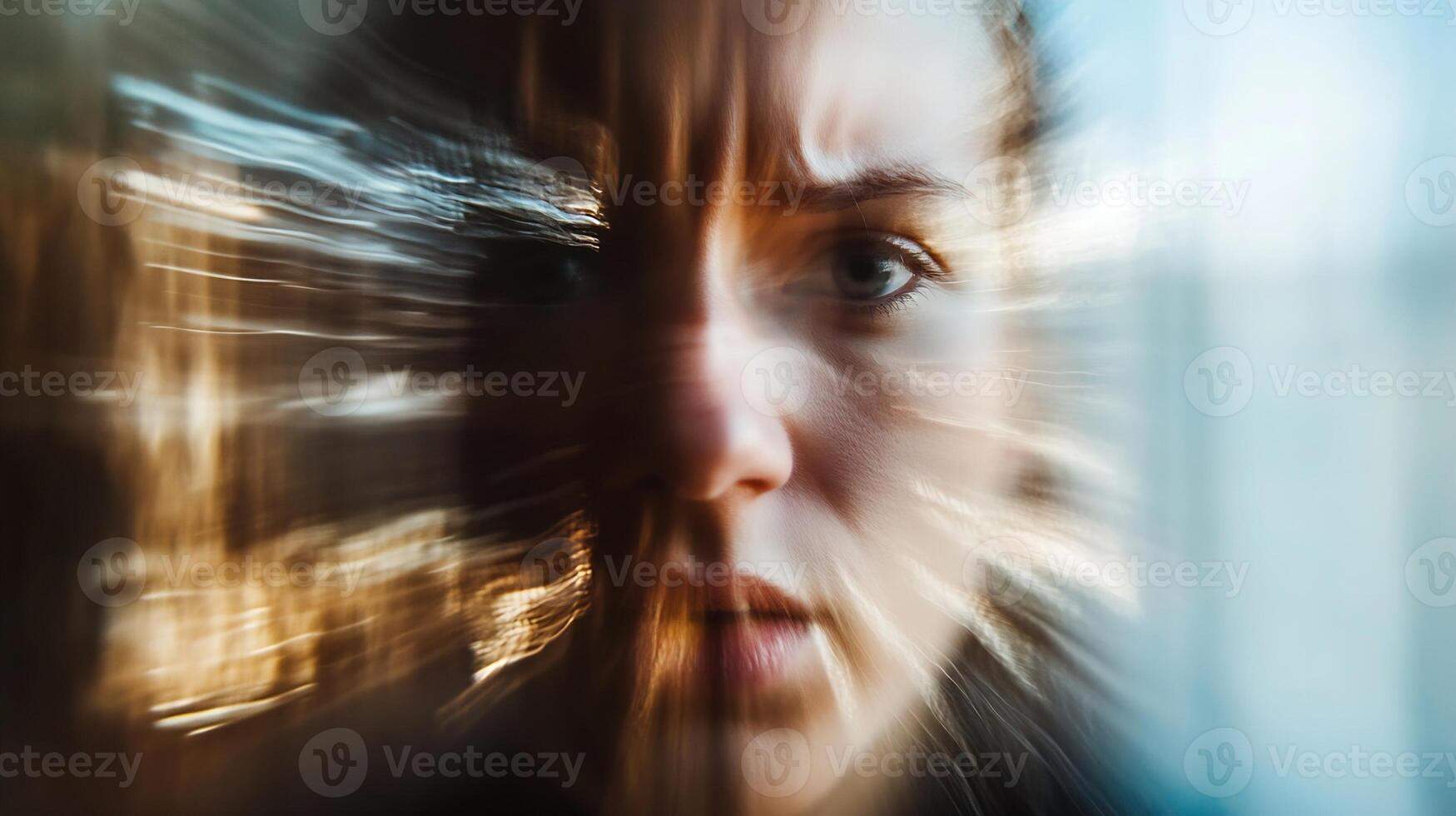Feeling of Confusion and Anxiety in Abstract Portrait of Young Woman with Distorted Motion Blur photo