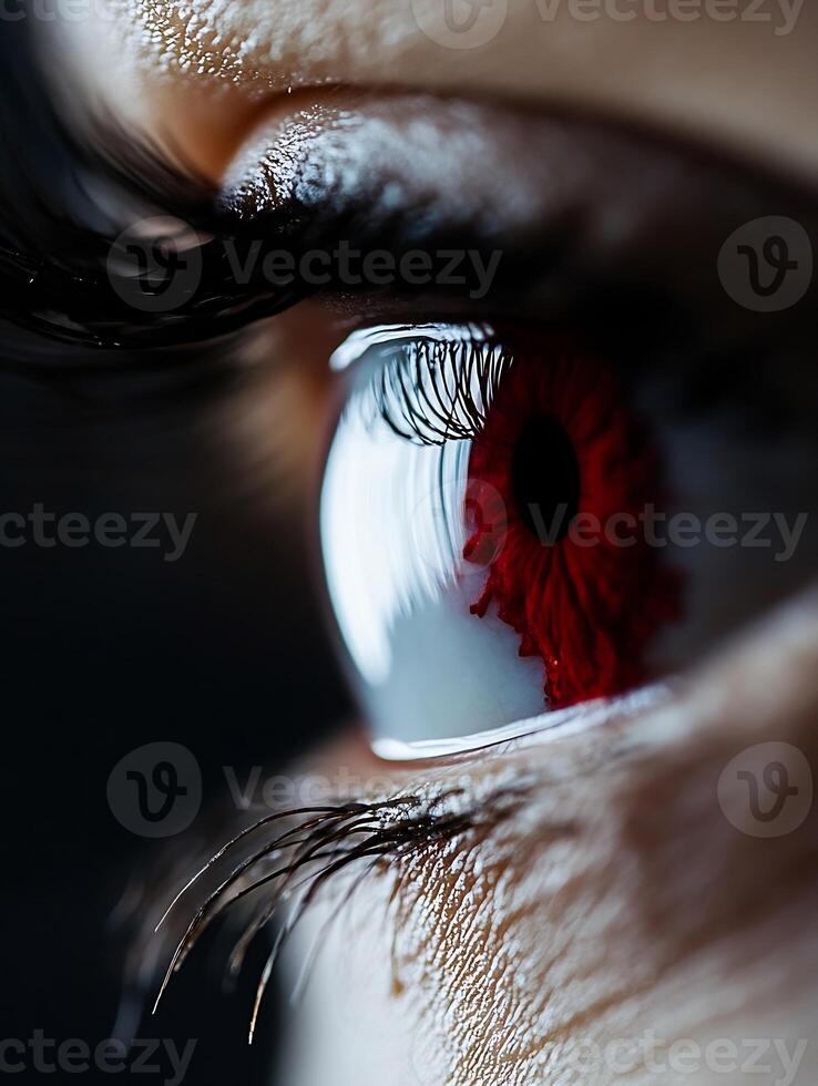 Close Up of Red Eye with Detailed Eyelashes Capturing Intense Gaze photo