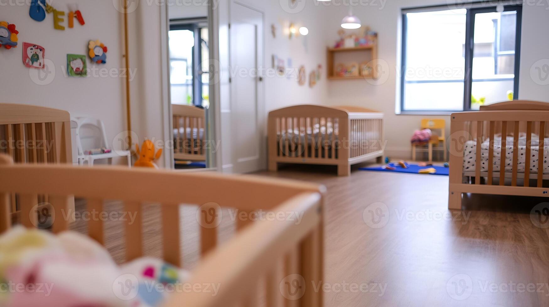 Cozy and Inviting Nursery Room with Wooden Cribs and Soft Ambient Light photo
