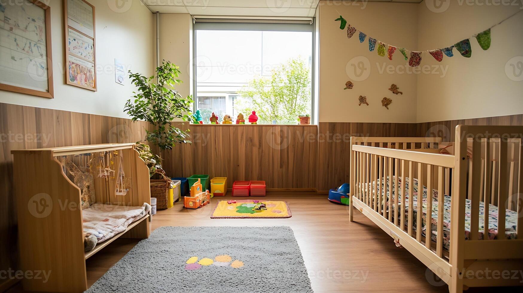 Cozy and inviting nursery room with wooden crib and playful decorations for a comfortable child-friendly space photo