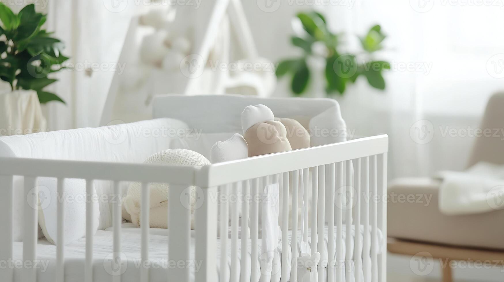 Minimalistic White Wooden Crib in Bright Nursery with Soft Plush Toys photo