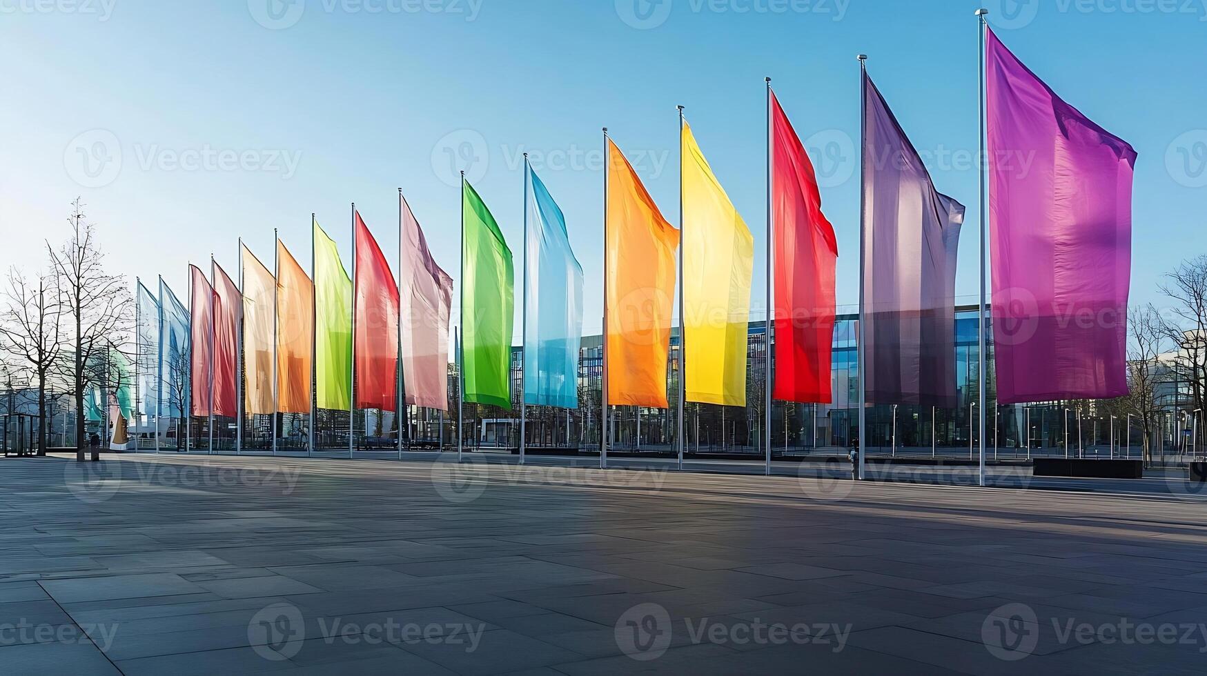 Colorful flags in vibrant hues catching sunlight lined up in urban setting photo