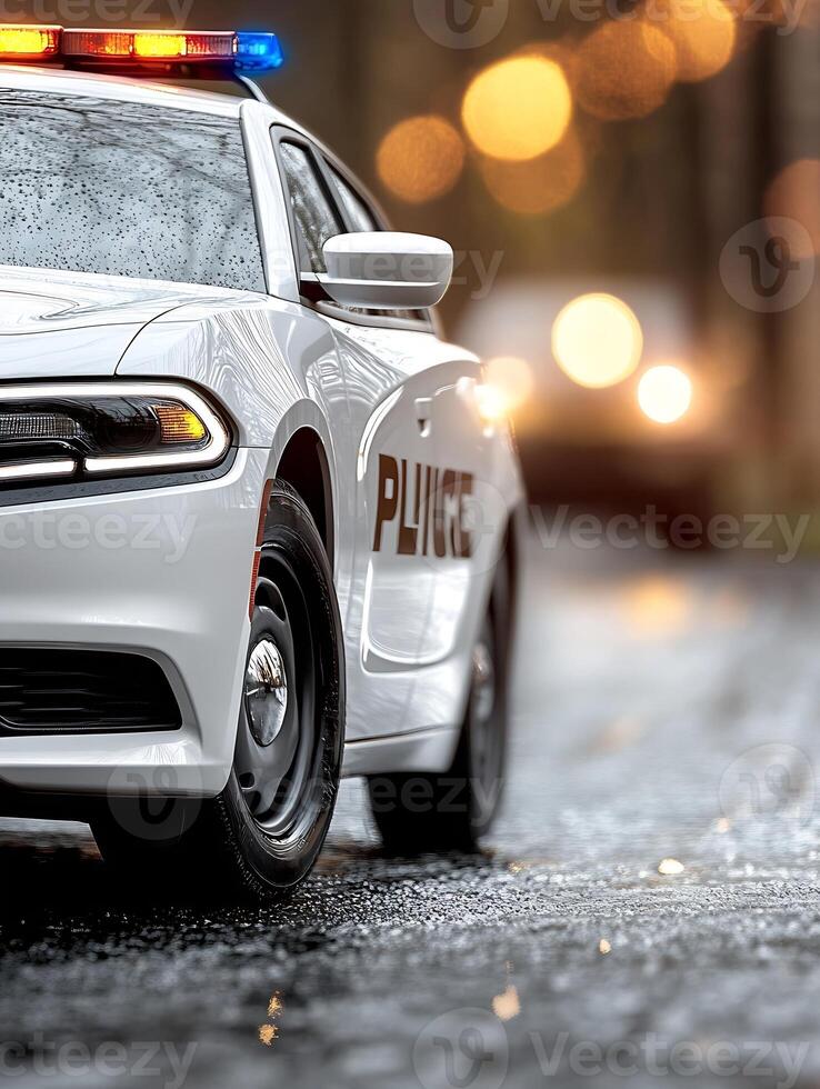 Rainy day police car with lights on bokeh background ensuring road safety photo