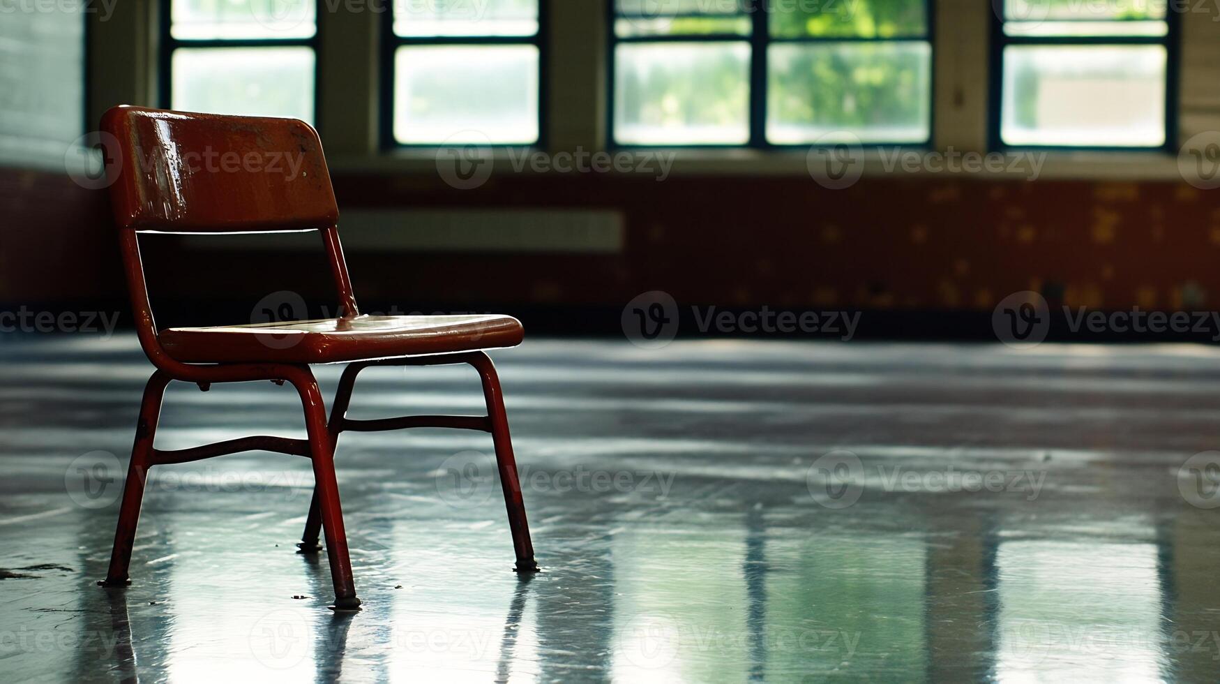 Single Old Wooden Chair in Sunlit Empty Classroom photo