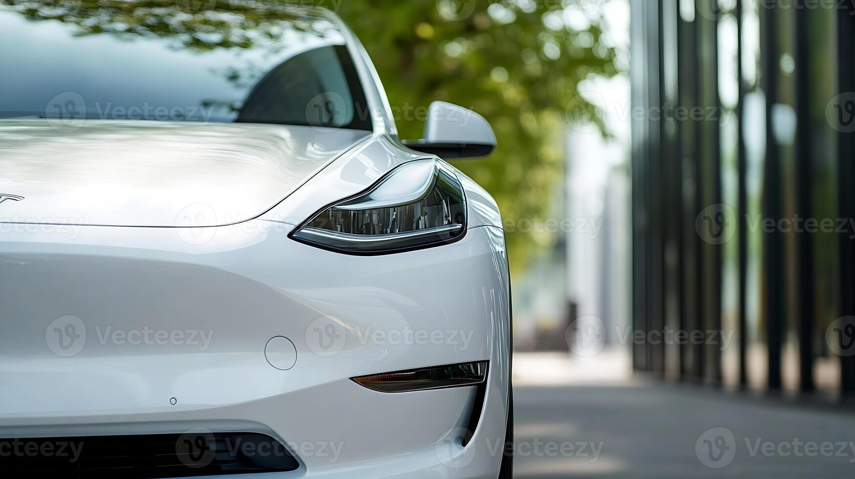 Sophisticated White Electric Car in Urban Setting with Greenery and Modern Reflections photo