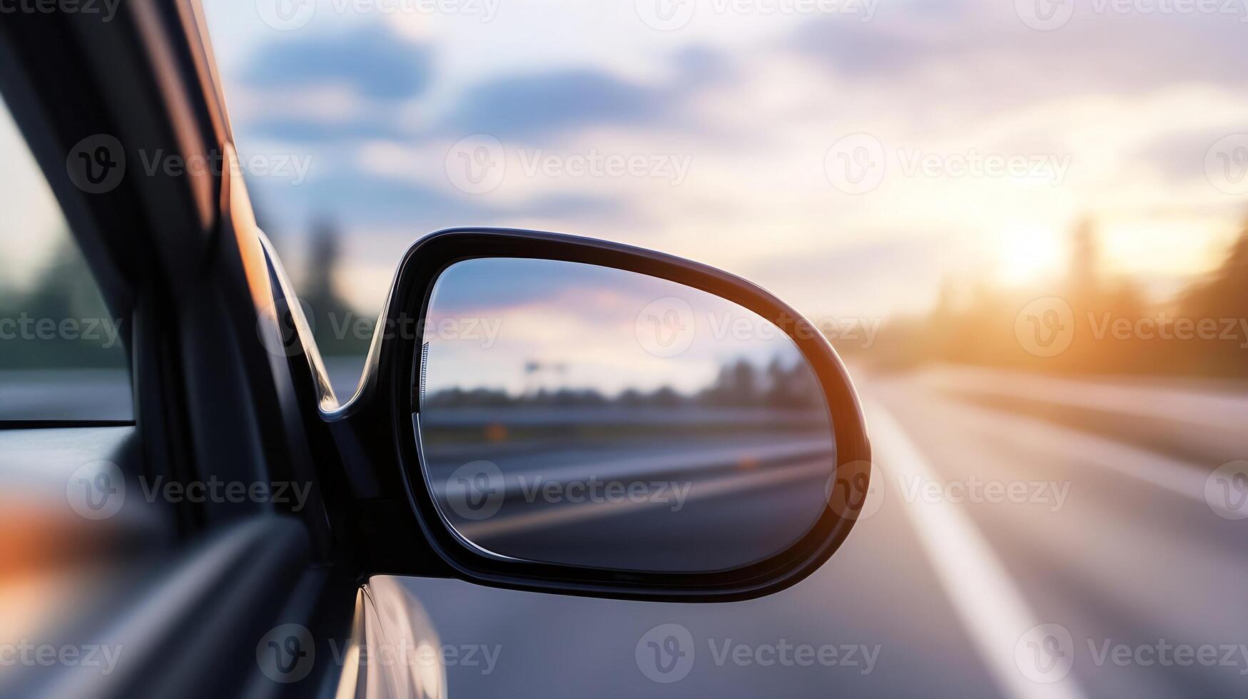 Car Rearview Mirror Reflecting Open Highway at Sunset Drive Adventure photo