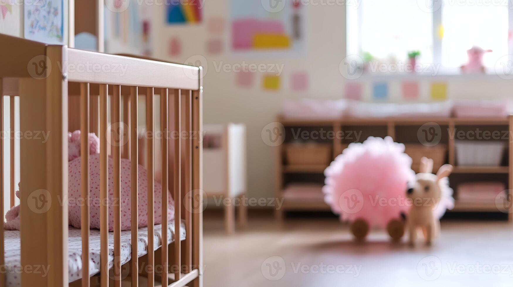 Cozy Pastel Themed Nursery Room with Wooden Crib and Plush Toys for Infant Comfort photo