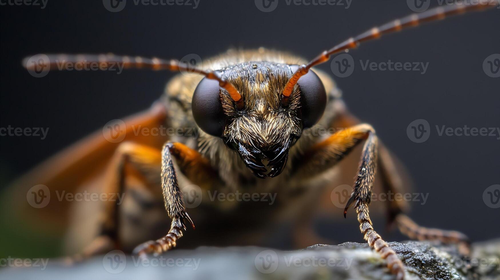 Closeup of Brown Beetle with Antennae and Complex Eyes on Dark Background photo