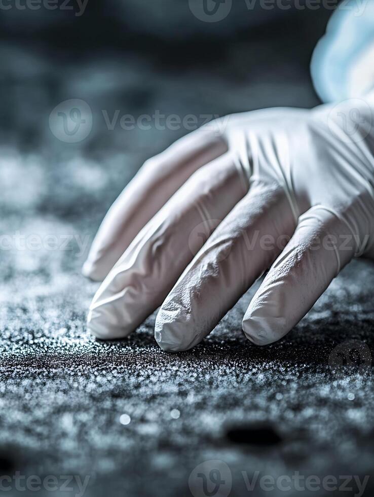 Hand in Protective Glove Examining Details on Rough Surface photo
