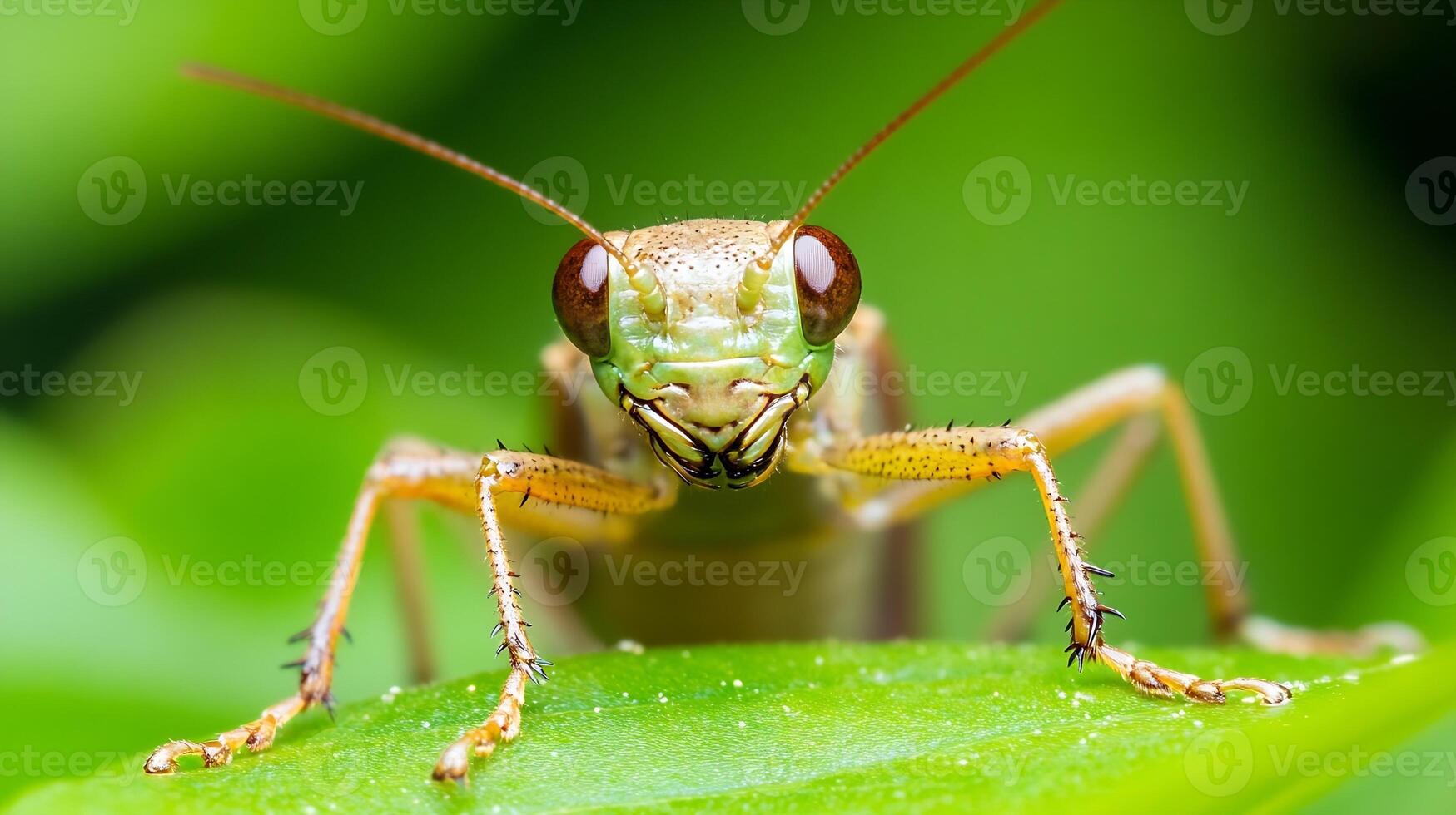 Vibrant Green Grasshopper with Red Eyes on Leaf in Lush Environment photo