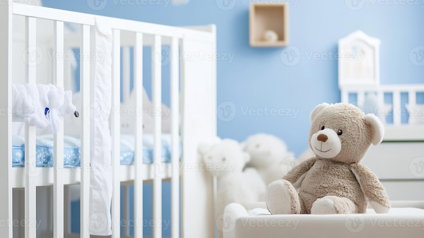 Adorable teddy bear in lighthearted nursery setting with soft color palette and cribs photo