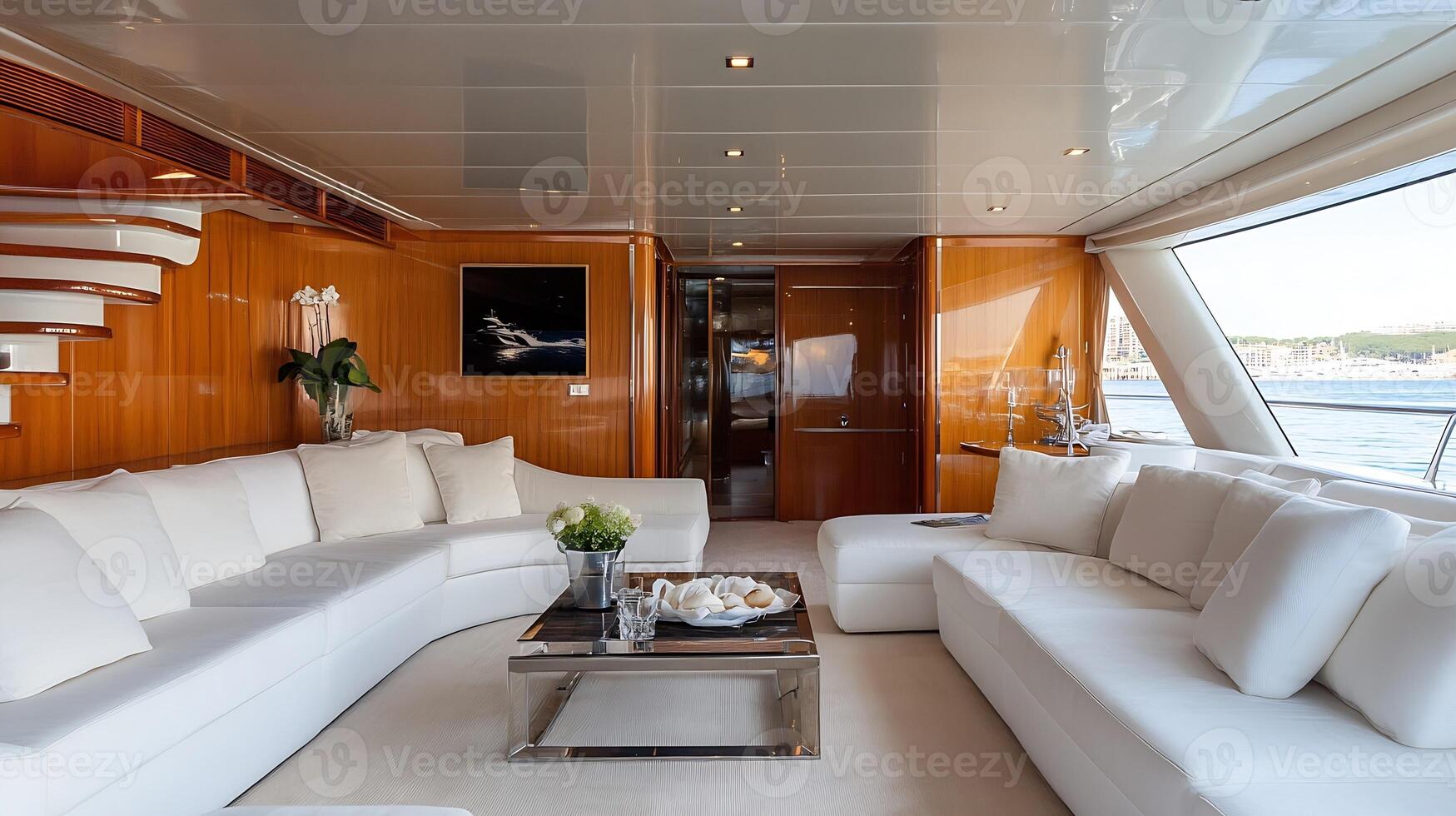 Luxurious Yacht Interior with Elegant White Sofa and Wooden Paneling photo