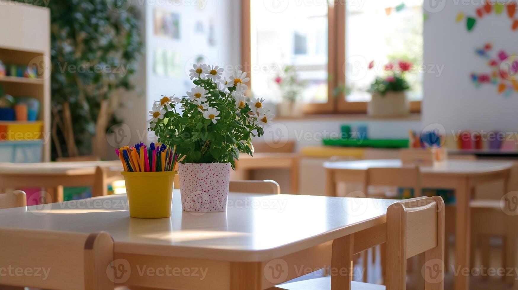 Bright and Colorful Kindergarten Classroom with Creative Art and Learning Activities photo