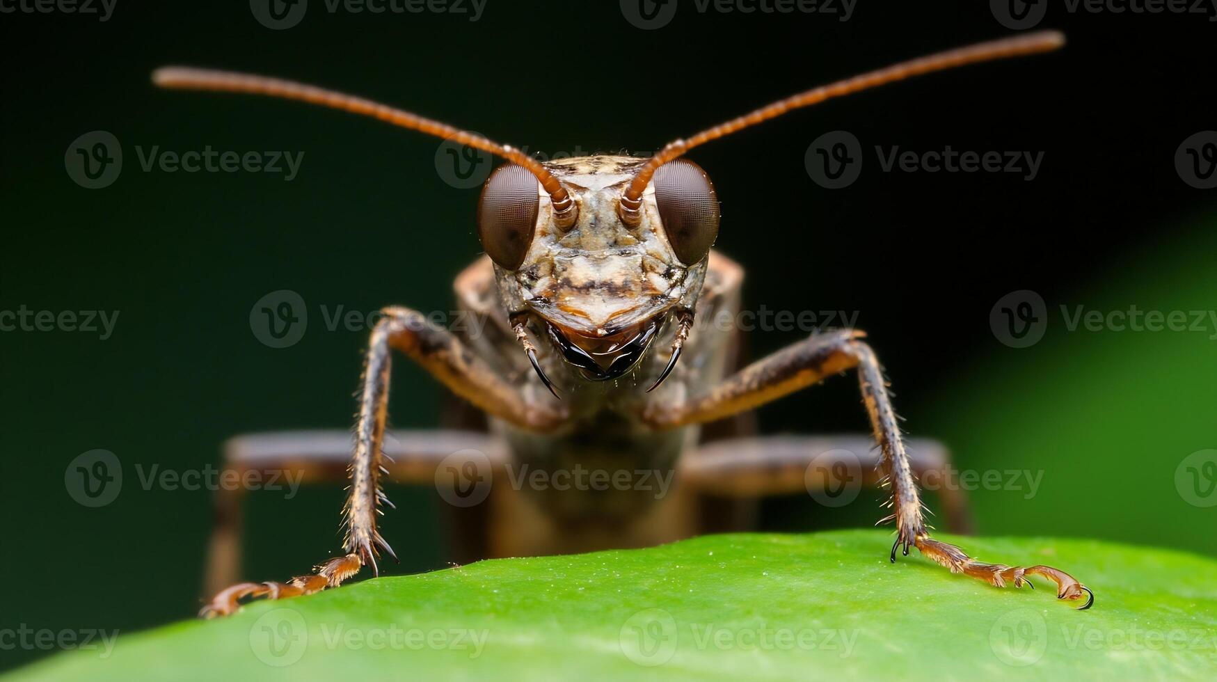 Close-up view of a brown insect on green leaf showing intricate details photo