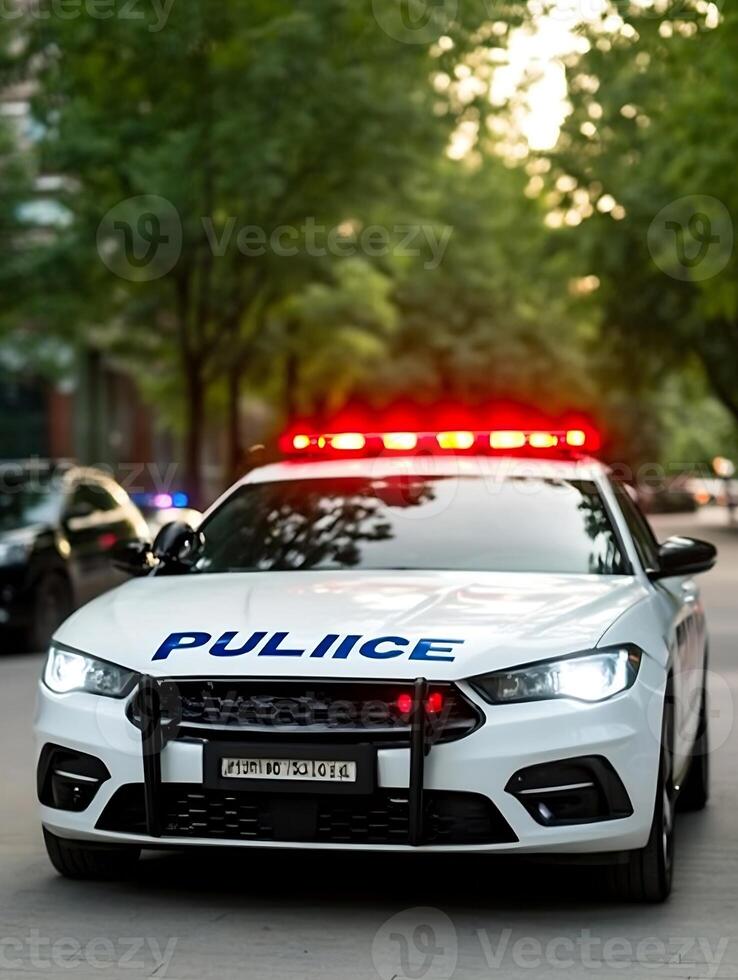 Front View of Police Car with Flashing Red and Blue Lights in Urban Setting photo