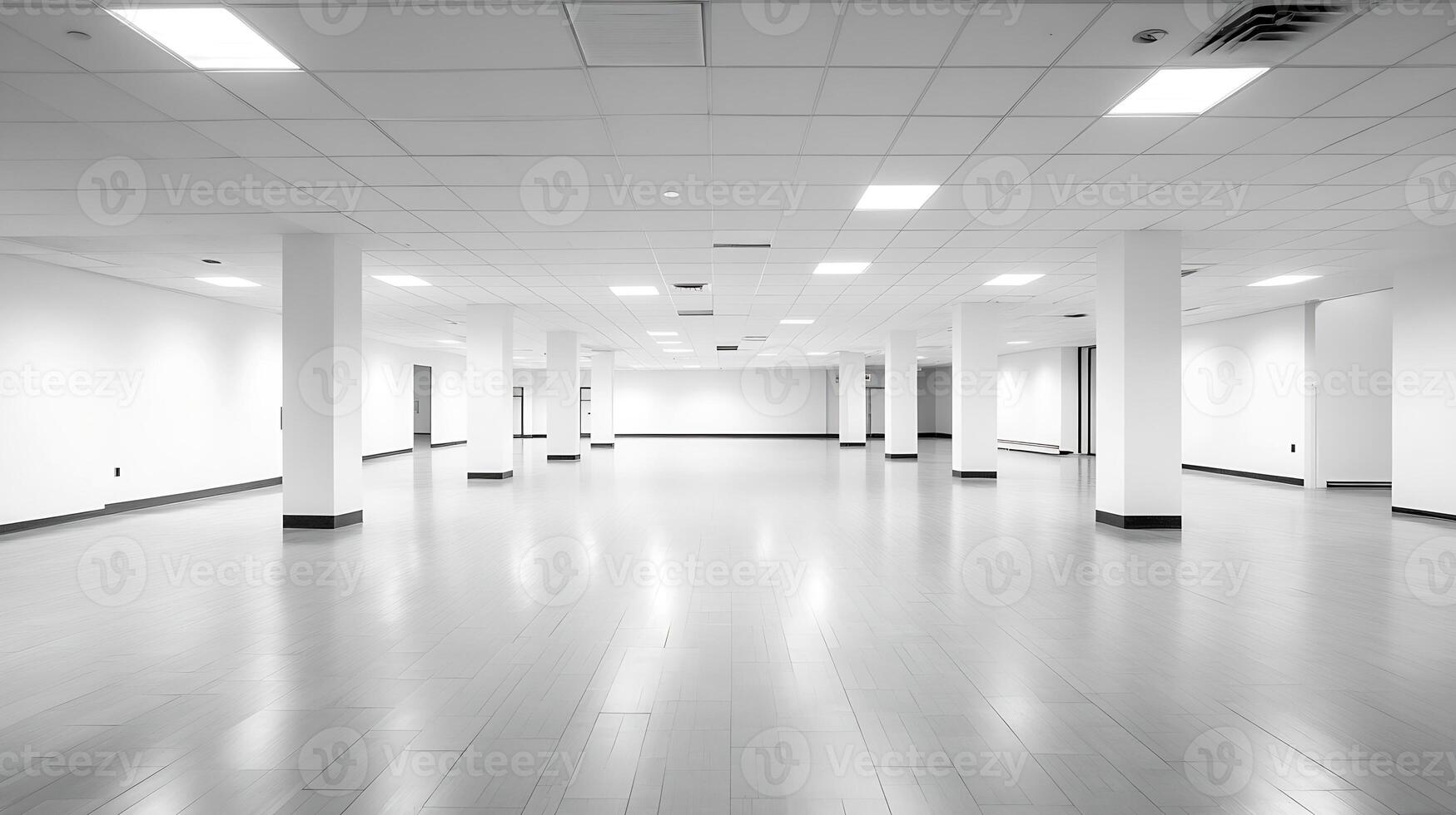 Spacious Empty Room with White Walls and Ceiling Lights in a Modern Building photo