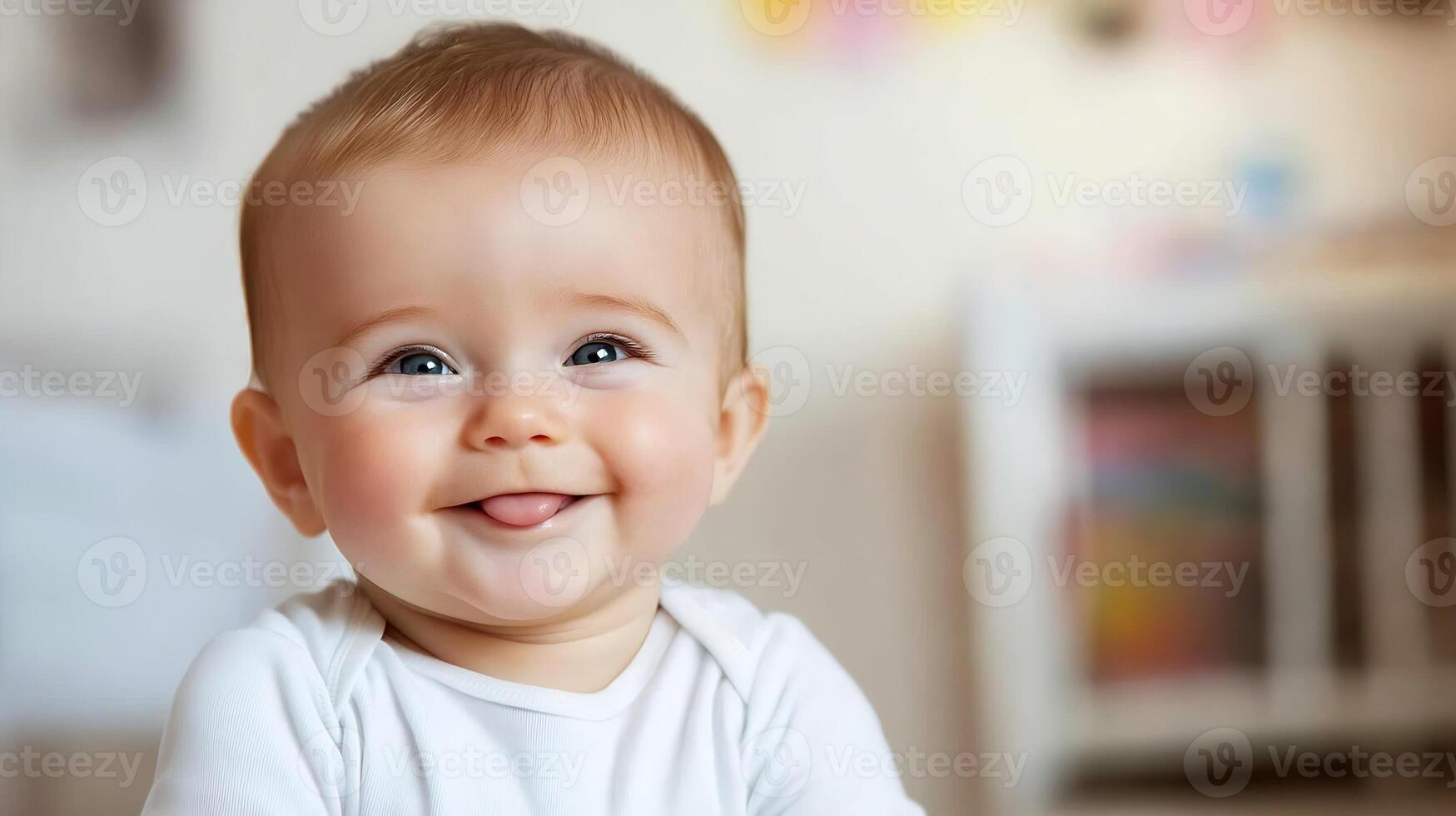 Happy smiling baby sitting in nursery wearing white onesie bright and cheerful room photo