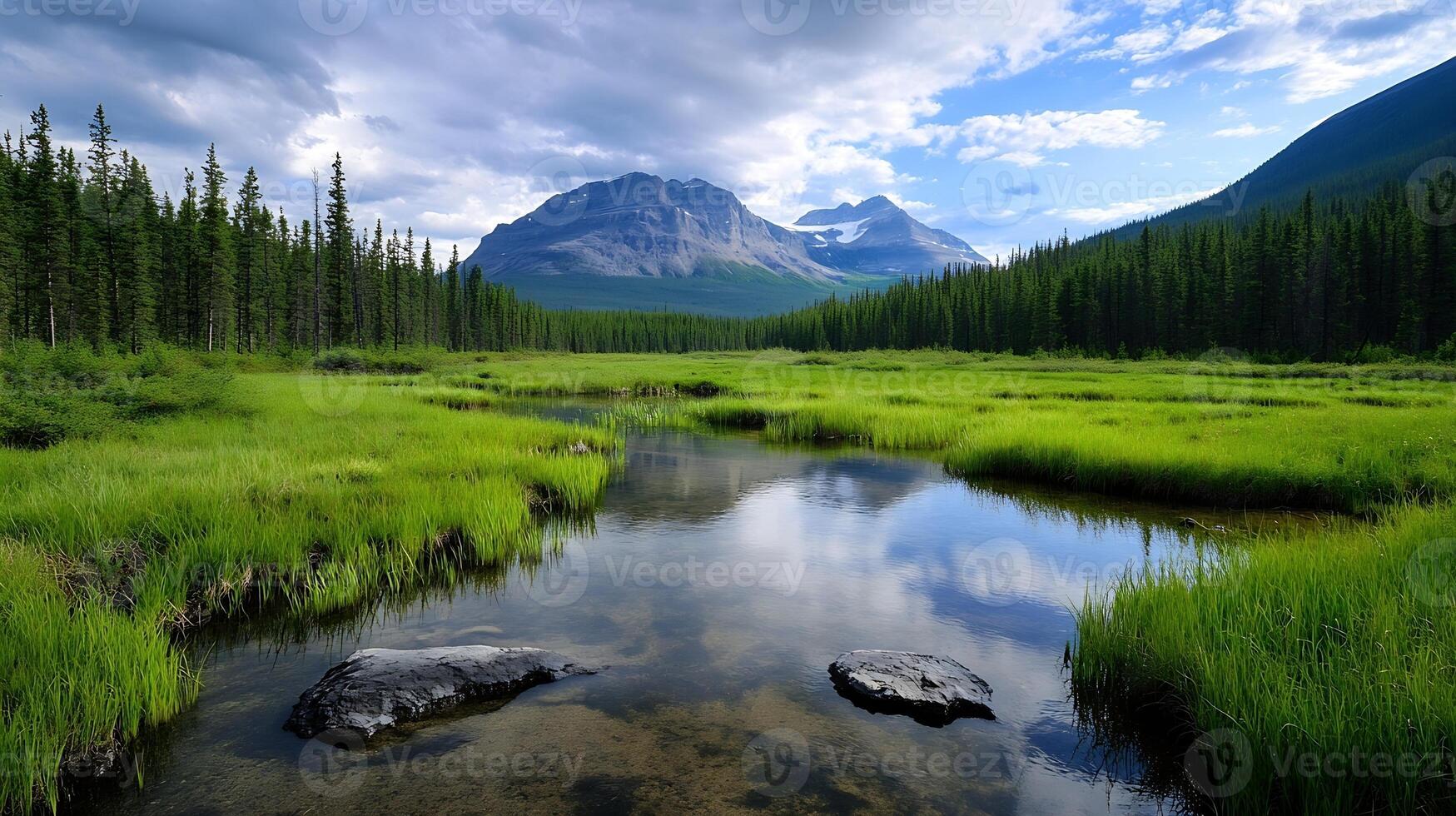 Scenic Alpine Landscape with Mountain Range and Reflection in Tranquil Stream photo