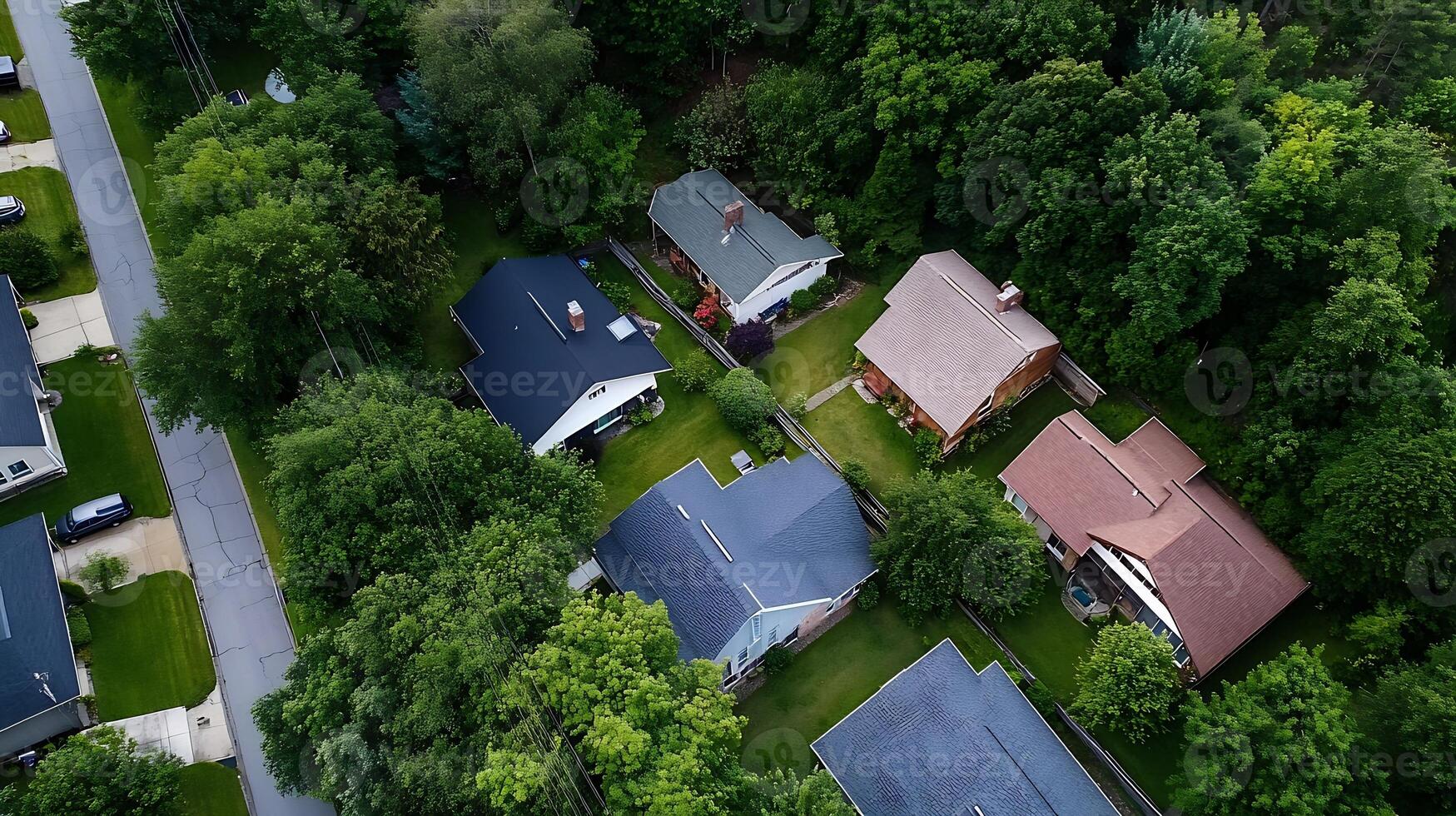 Aerial view of suburban neighborhood with lush greenery and charming houses photo