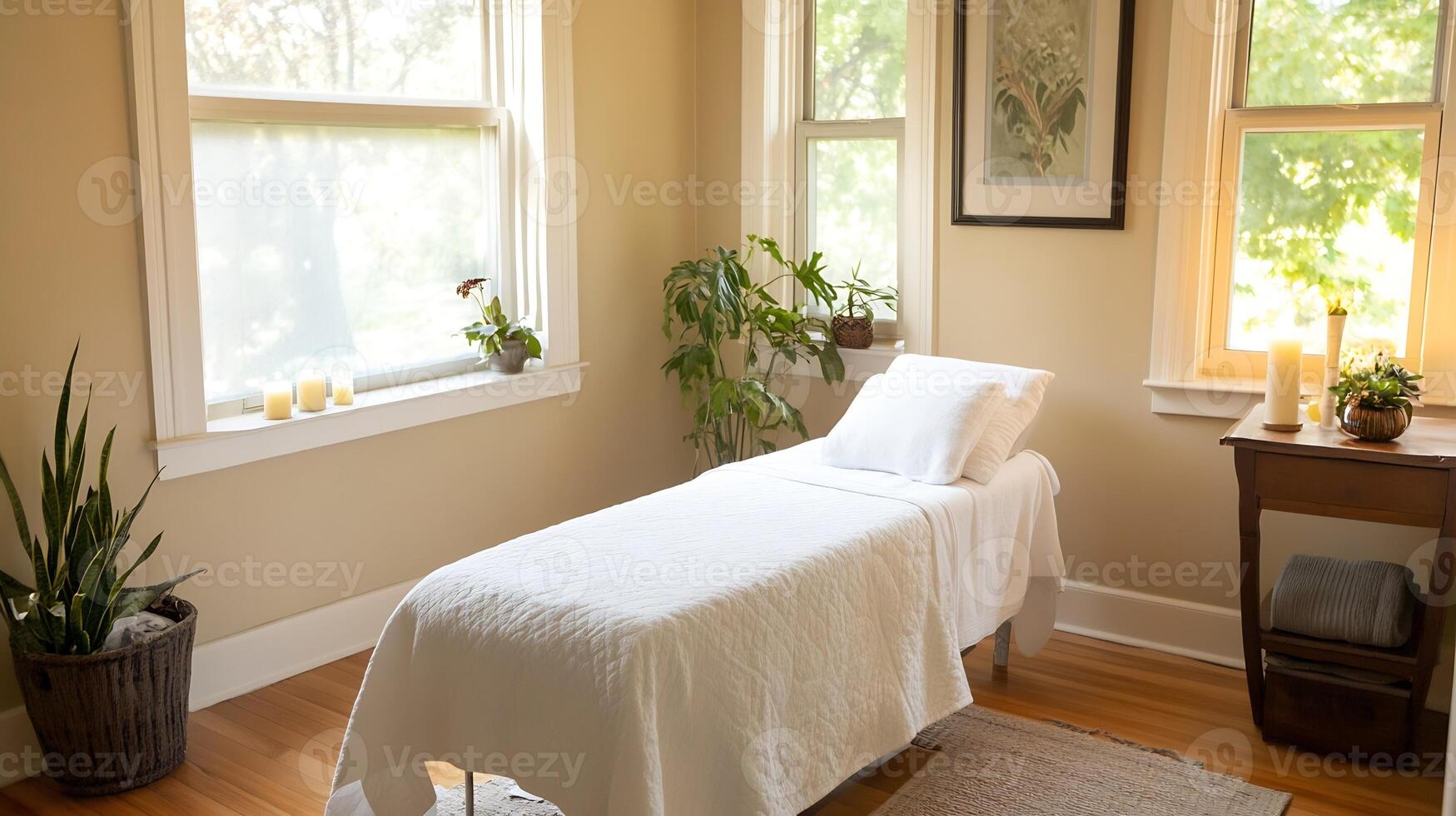 Cozy Spa Room With Bright Windows and Comfortable Massage Table for Relaxation photo