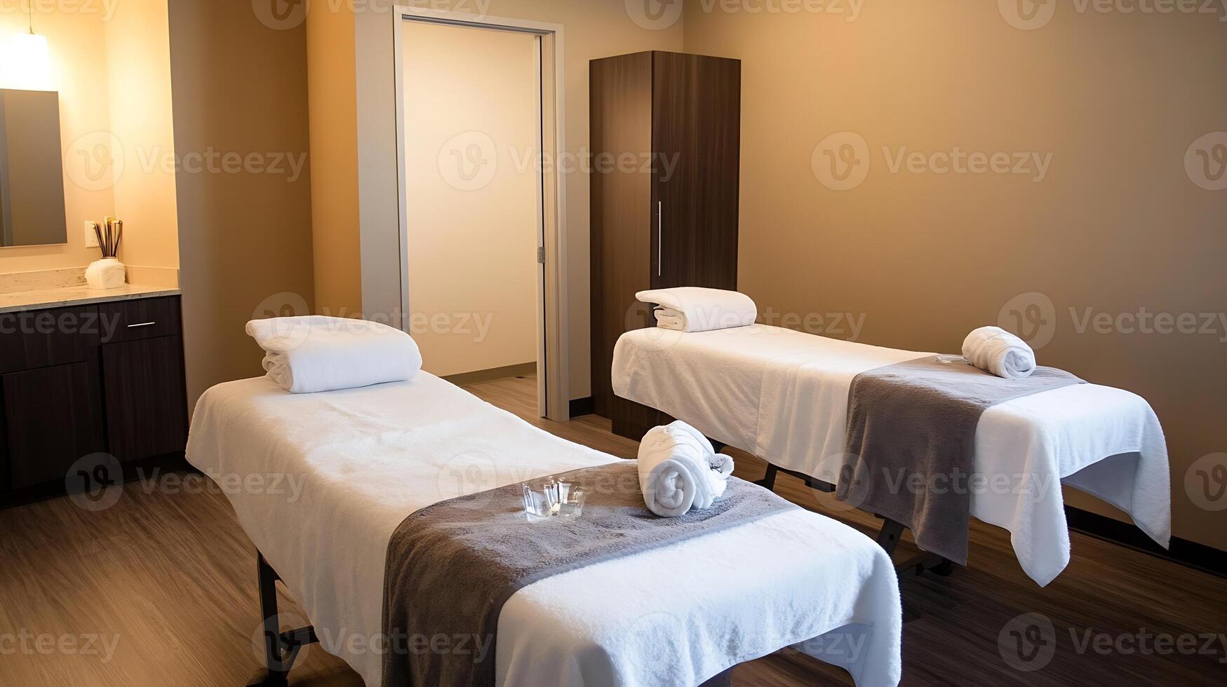 Elegant and Tranquil Spa Room with Comfortable Massage Tables and Warm Lighting Interior Mood photo