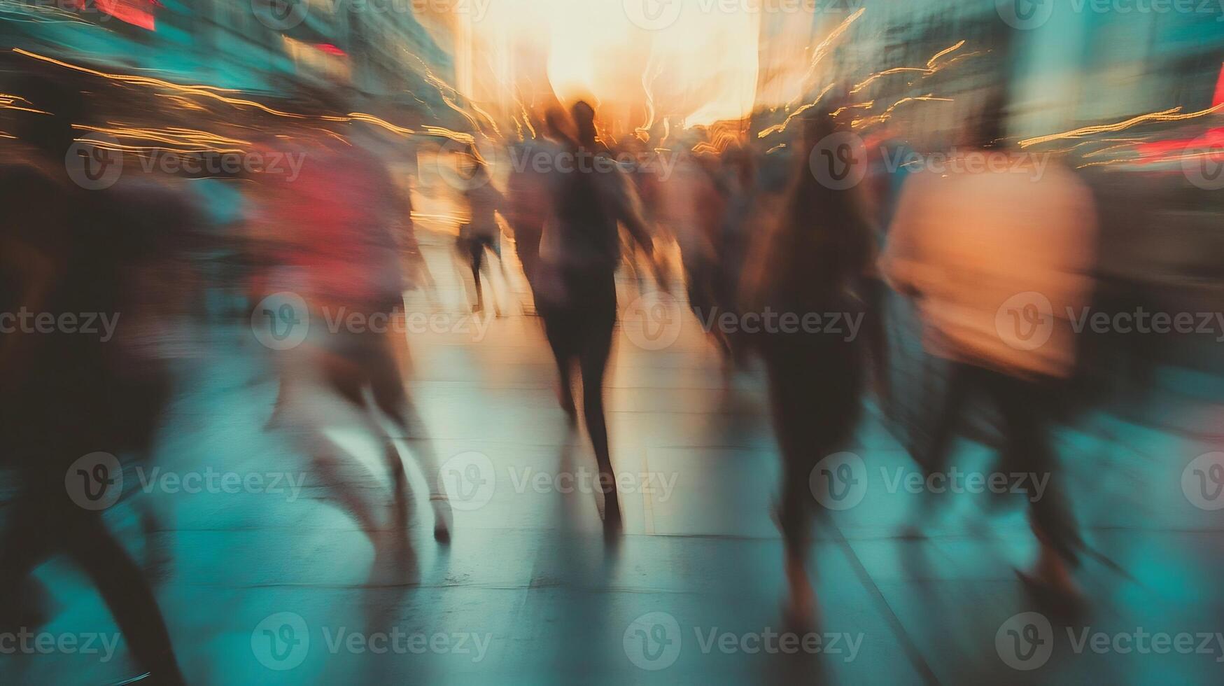 Blurred Motion of People Walking in a Busy City Street during Golden Hour photo