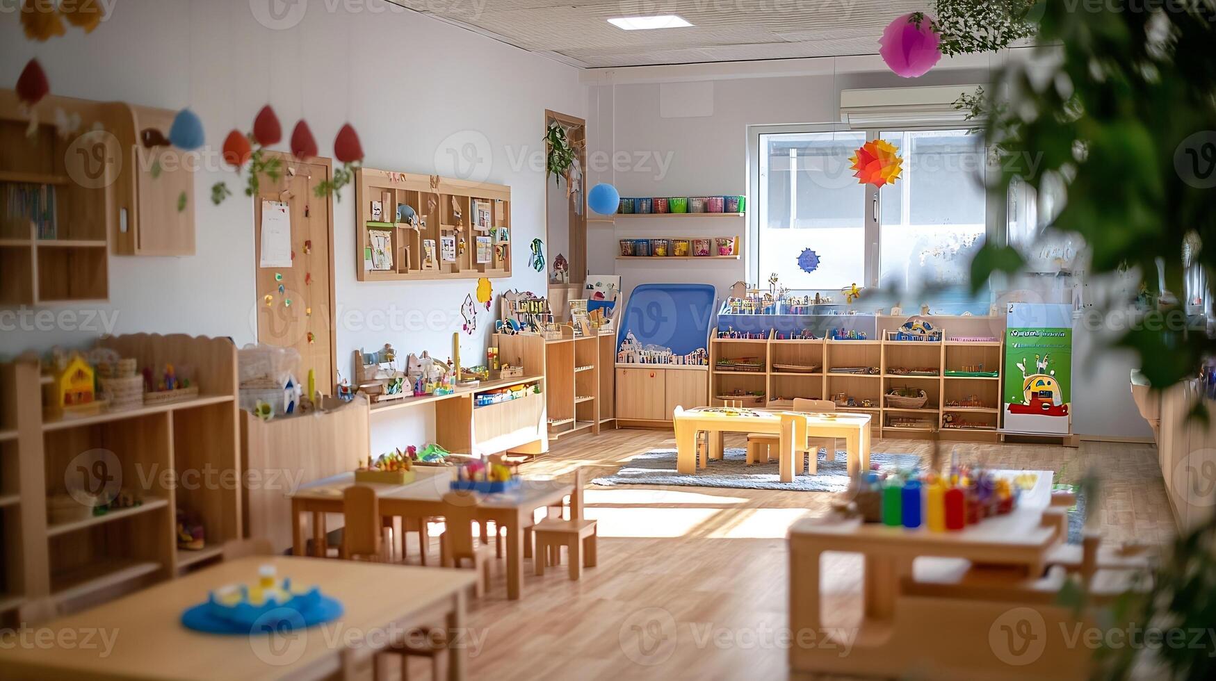 Bright and colorful preschool classroom with educational materials and decorations photo