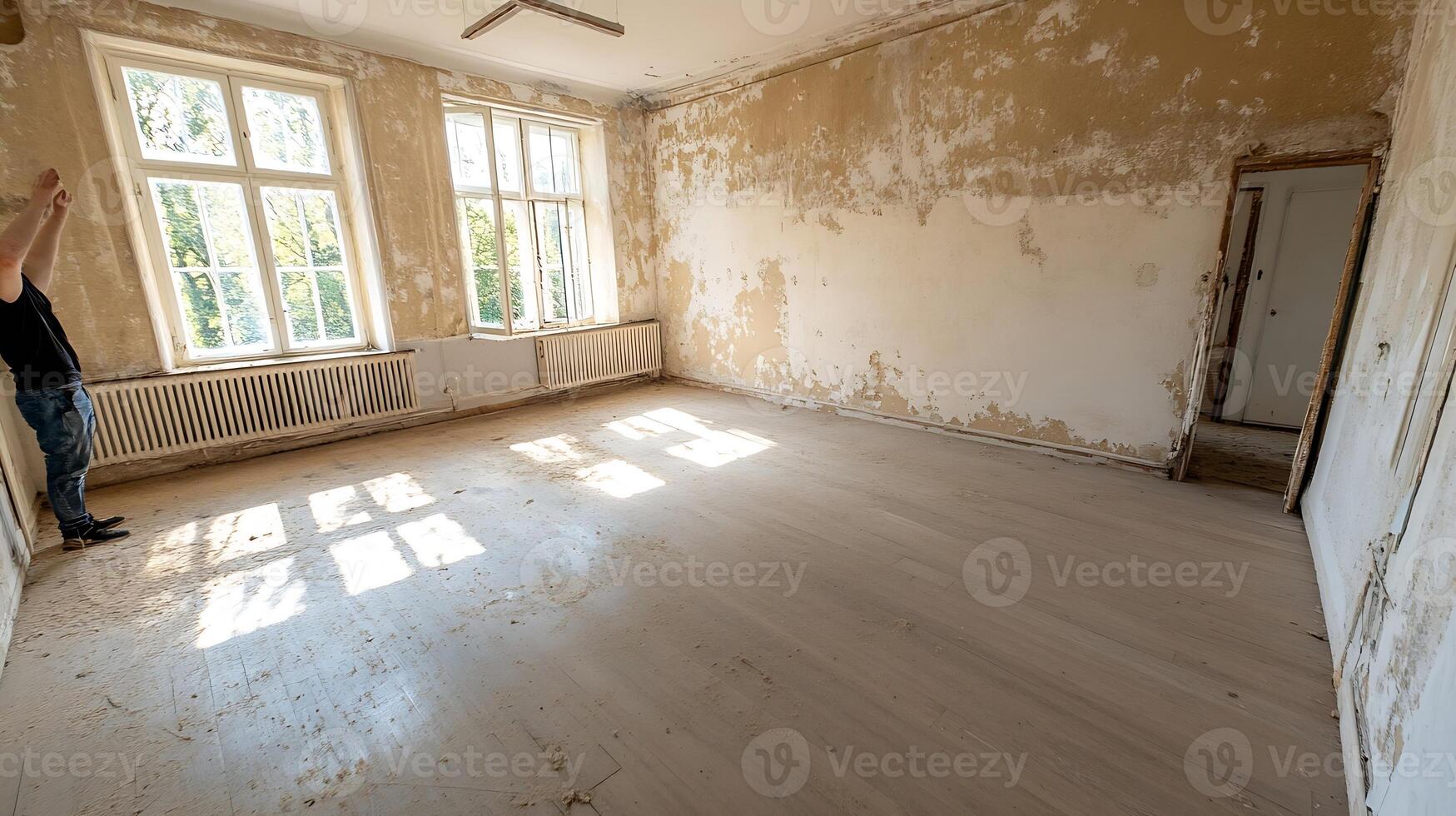 Sunlit Empty Room with Textured Walls and Wooden Floor Ideal for Renovation Projects photo