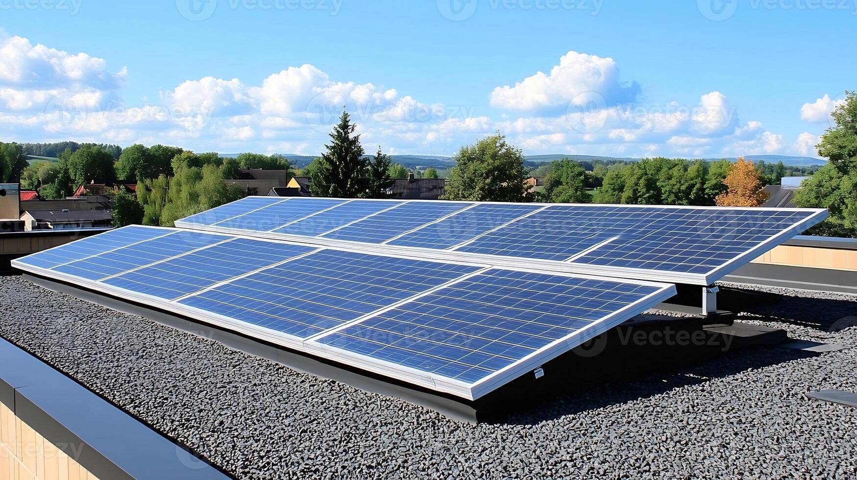 Solar panels installed on a rooftop showcasing renewable energy technology against a clear blue sky photo