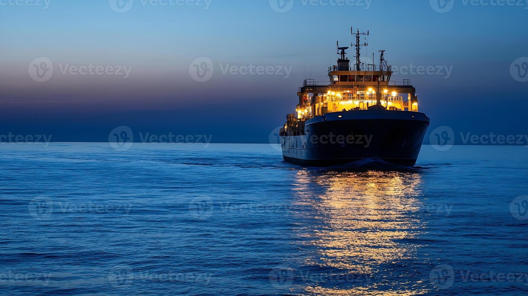 Mystical Nighttime Ferry Illuminated on a Serene Sea Journey at Sunset Horizon photo