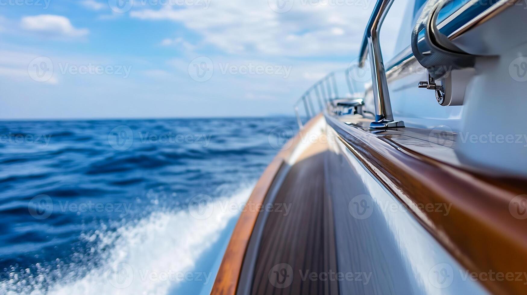 Speeding Yacht Cutting Through Ocean Waves On Clear Day With Blue Horizon photo