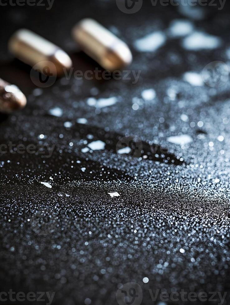 Scattered Bullet Shells on Wet Asphalt Nighttime Crime Scene Photography photo