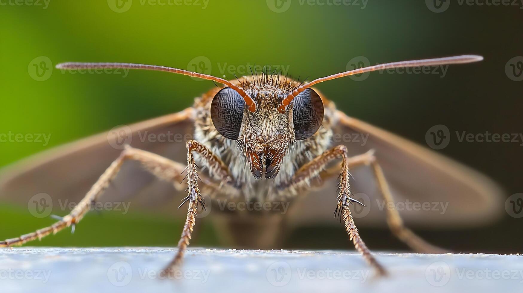 Macro Shot of Brown Eyed Insect Staring Intently at Camera Green Background photo