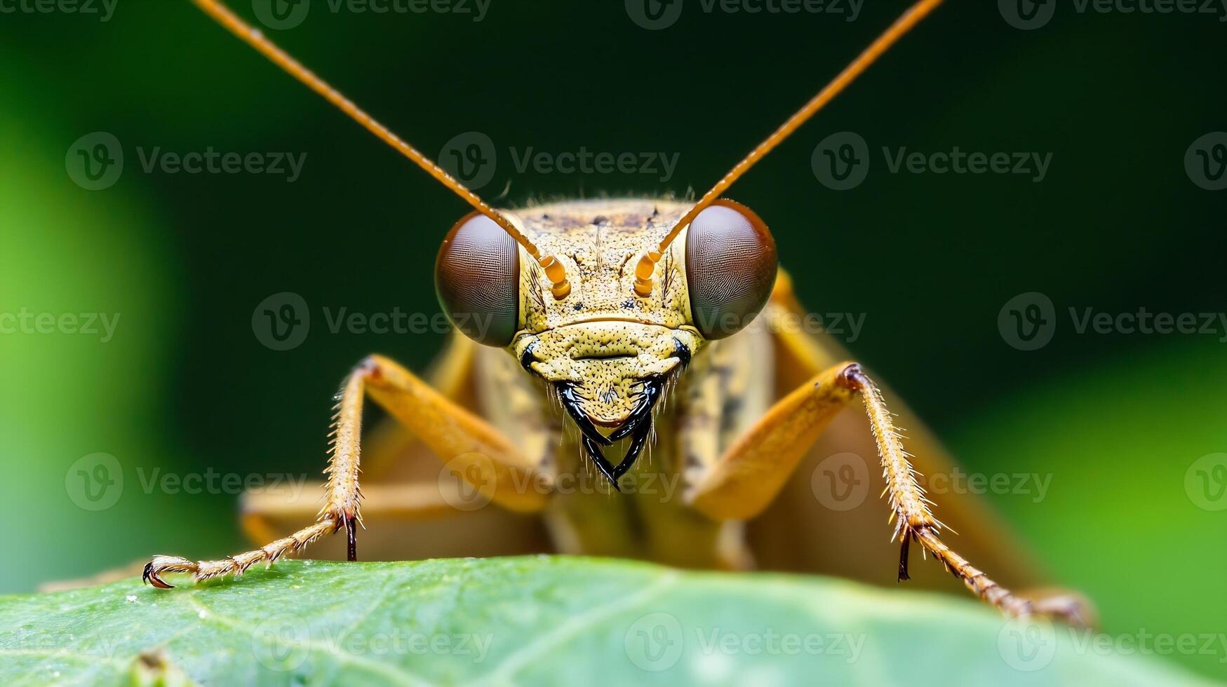 Detailed Macro View of Golden Brown Grasshopper on Leaf with Nature Backdrop photo