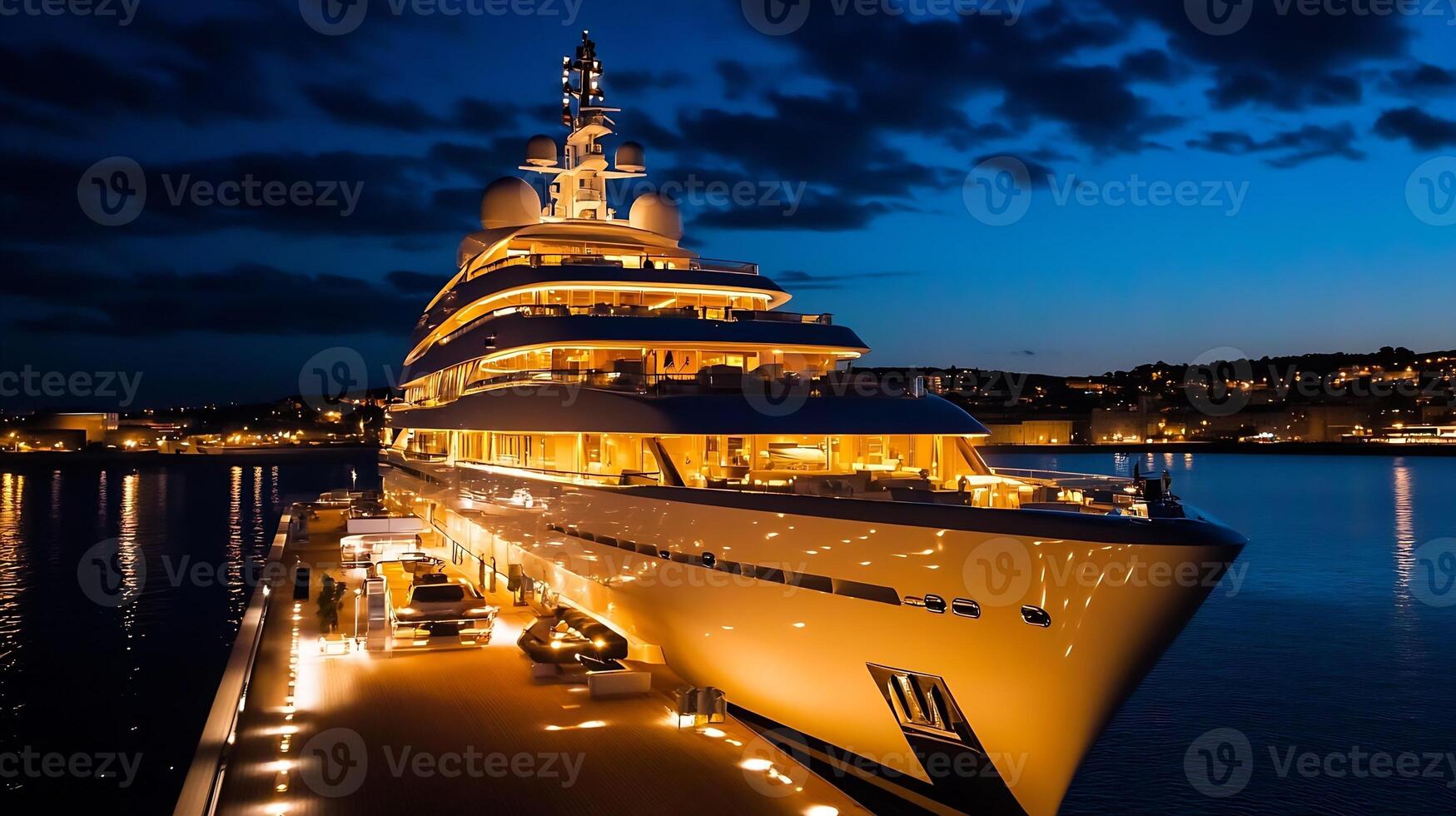 Illuminated Luxury Yacht Moored at Night in Scenic Harbor photo