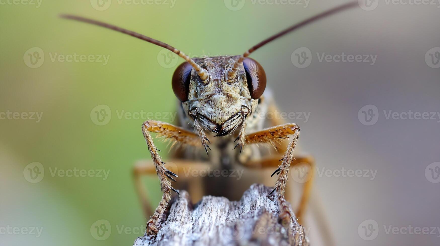 Macro image of brown grasshopper resting on tree bark in natural woodland setting photo