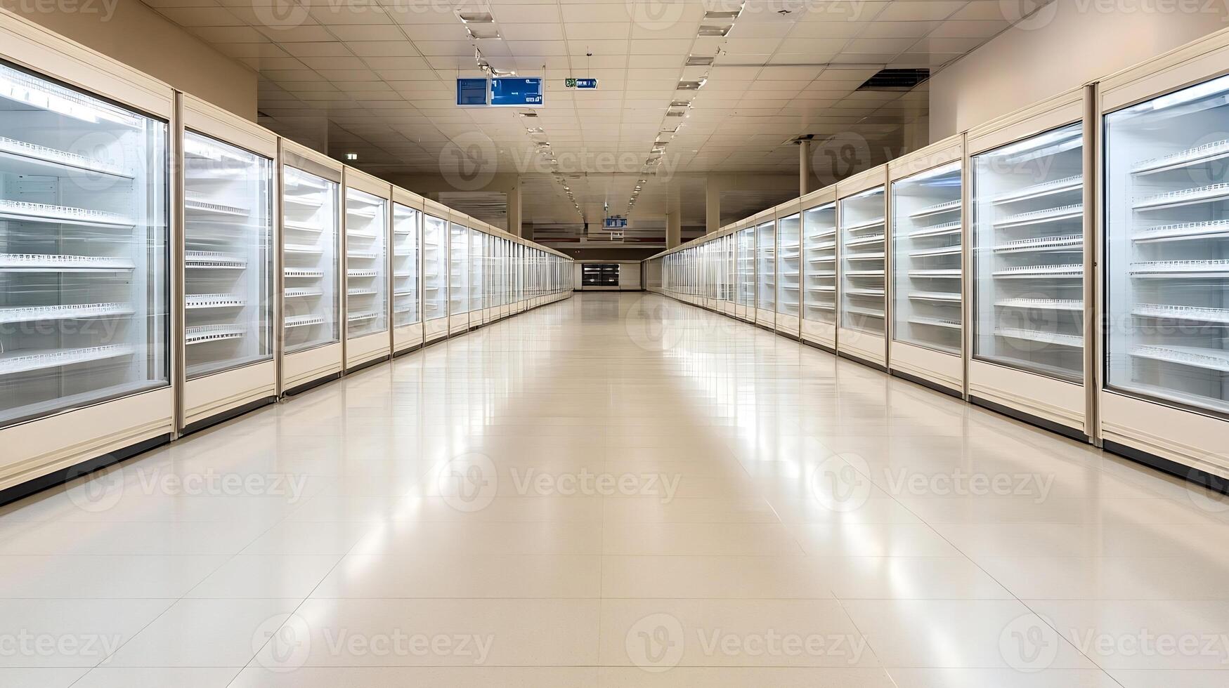 Empty Modern Supermarket Aisle with Bright Lighting and Shelves photo