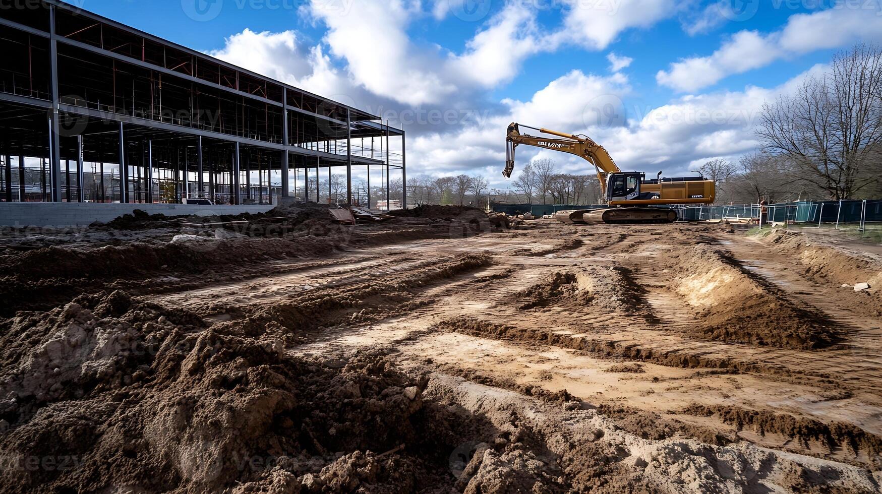 Bulldozer at Construction Site with Building Framework Under Blue Skies photo