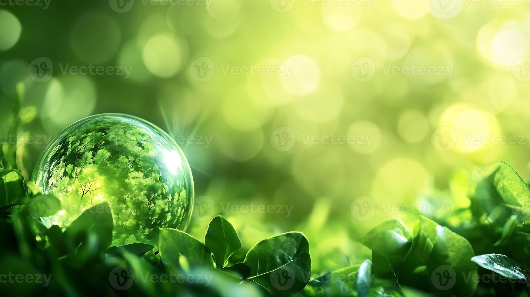 Serene Greenery Reflecting in Dew Drop Surrounded by Vibrant Foliage in Sunlight photo