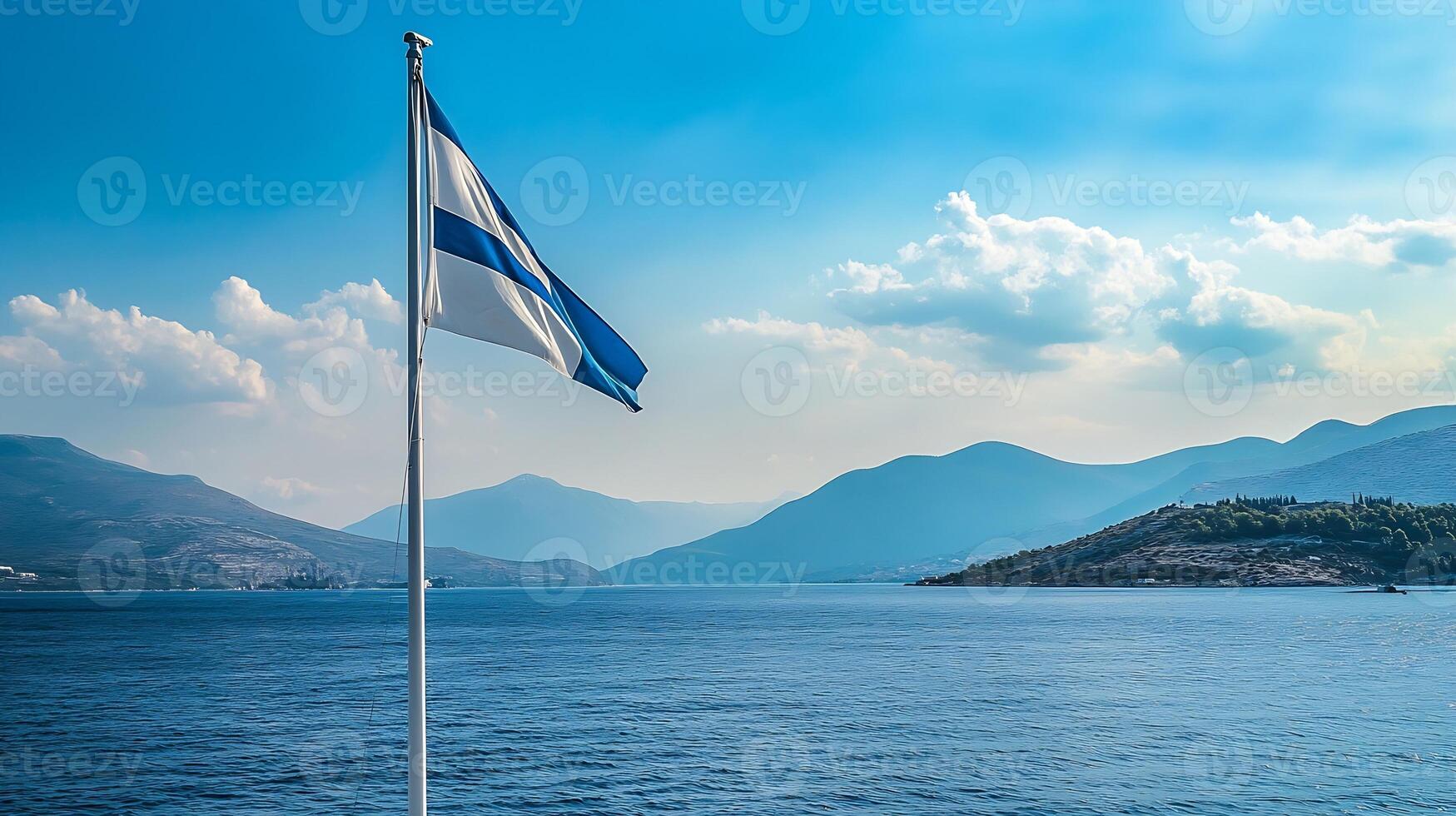Serene Seascape with Scottish Flag Waving Near Tranquil Blue Waters photo