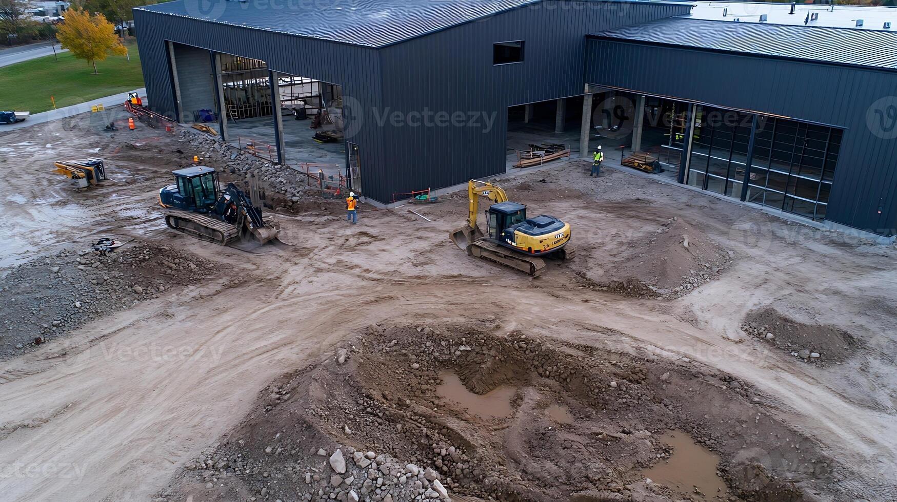 Aerial view of construction site with heavy machinery and partially built structure photo