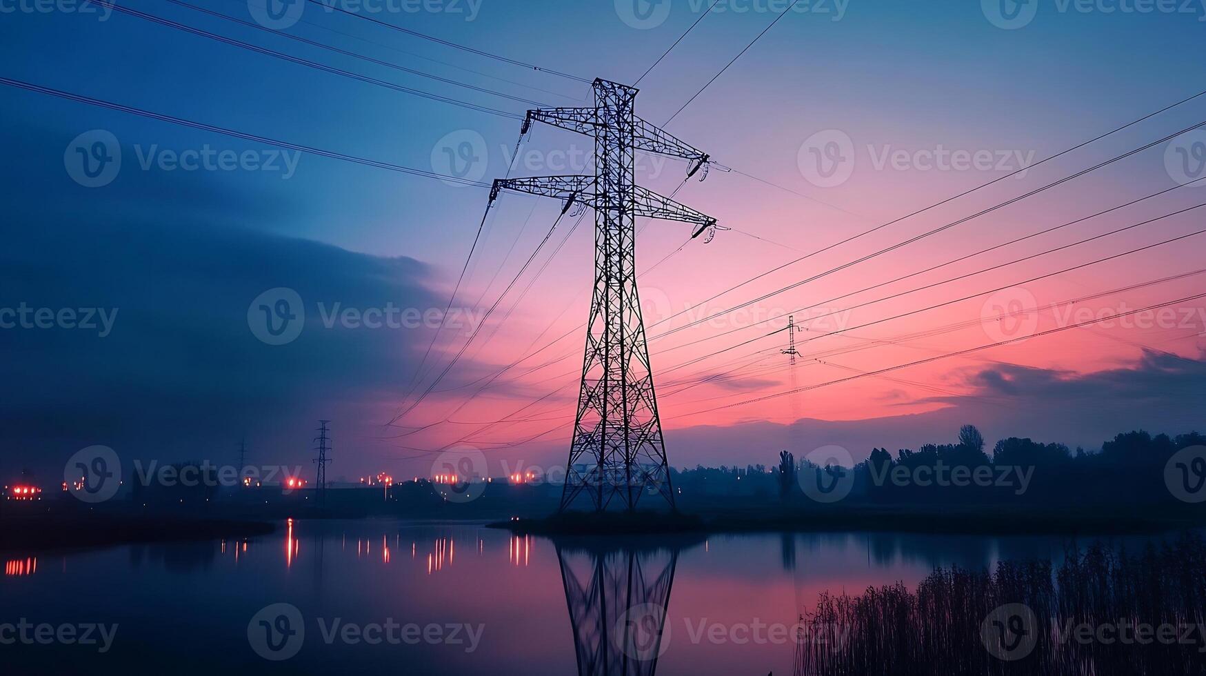 Silhouetted Power Lines at Sunset Reflecting in Calm River for Energy and Tranquility photo